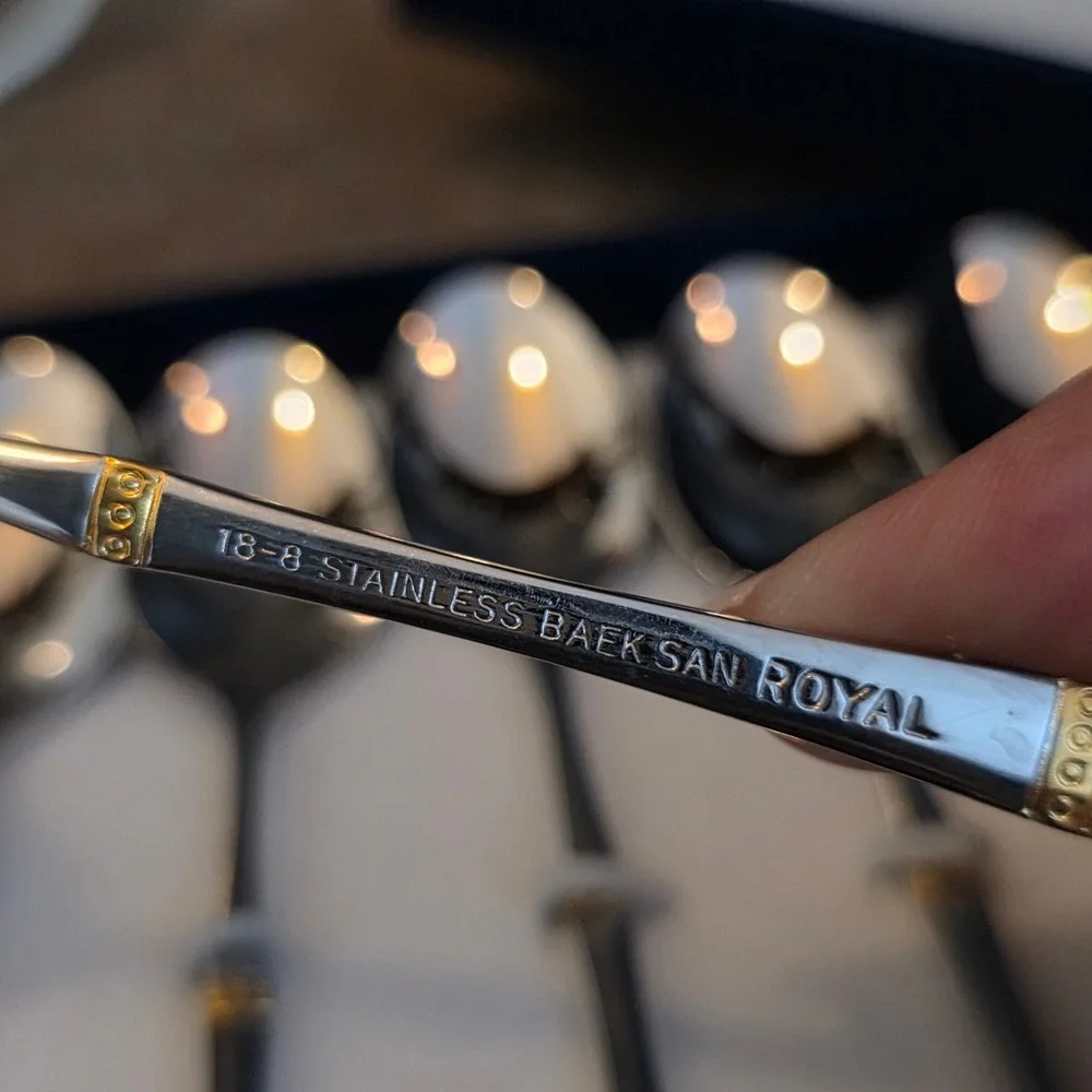 Baek San Royal 18-8 Stainless Steel Demitasse Spoons Gold Trim Set of 6 with Box